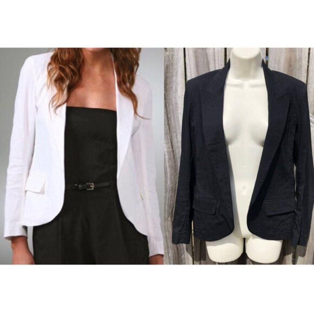 THEORY 10 Open Front Linen Blazer Jamilla Black Long Sleeve Top Jacket Medium